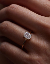 Radiant cut diamond Solitaire engagement ring on hand