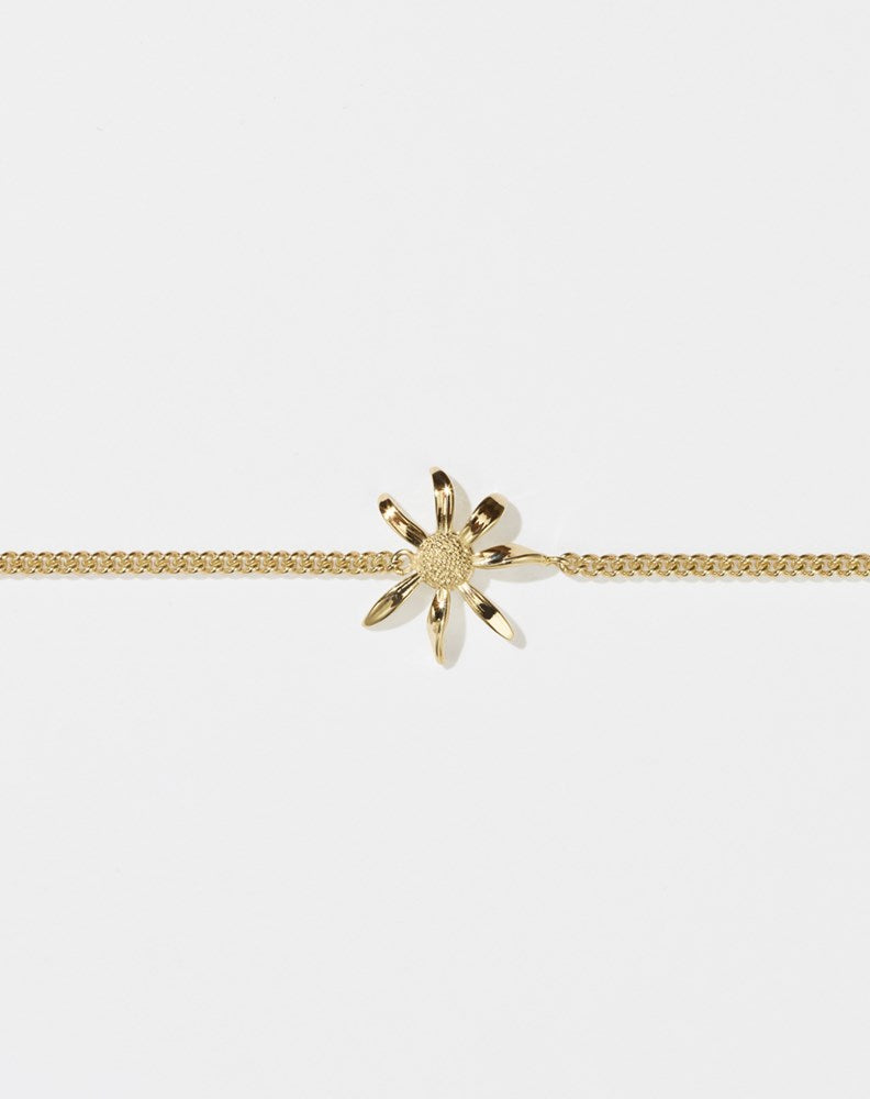 A gold bracelet featuring a daisy charm suspended between a classic curb chain.