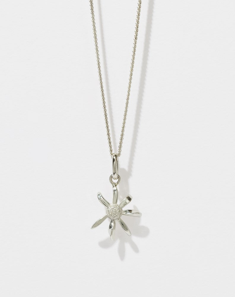 A sterling silver necklace featuring a daisy charm suspended on a fine chain.