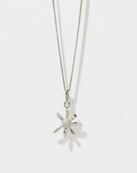 A sterling silver necklace featuring a daisy charm suspended on a fine chain.