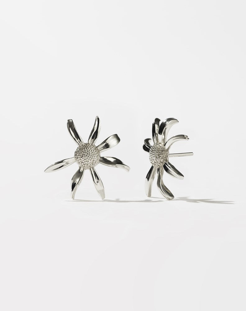 A pair of sterling silver daisy earrings with a bold stud design.