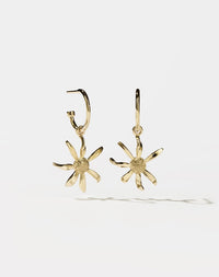A pair of gold-plated hoop earrings with daisy charms attached