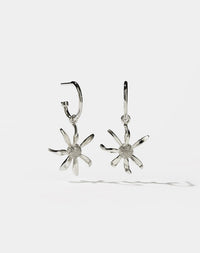 A pair of sterling silver hoop earrings with daisy charms attached