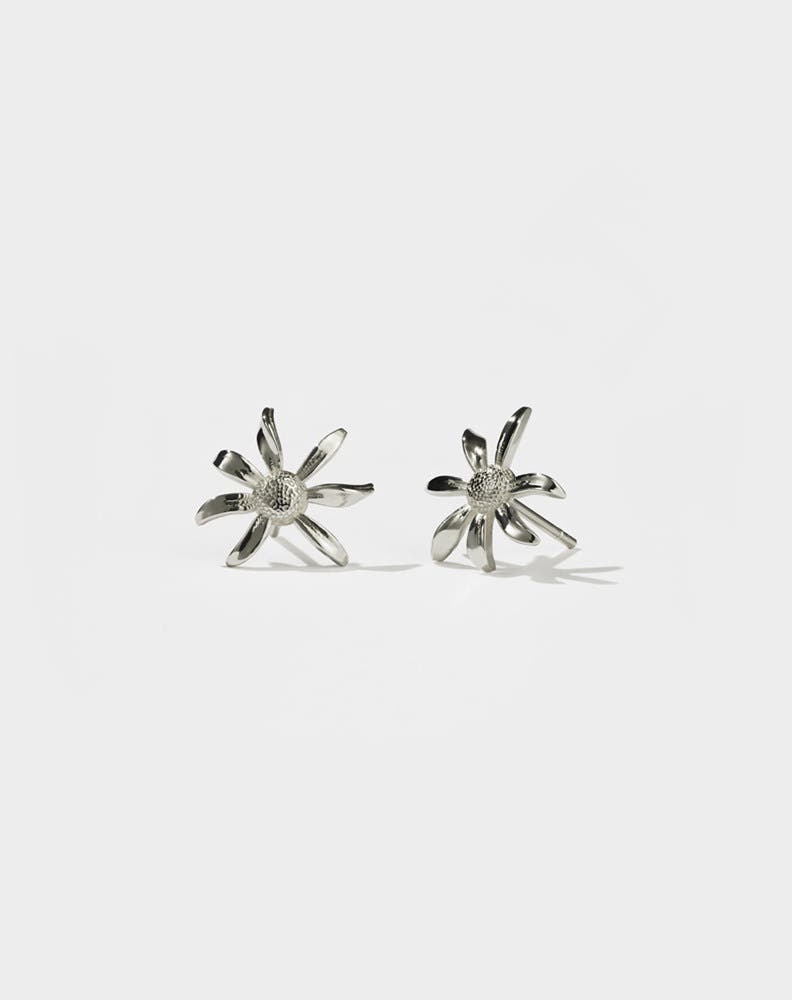 A pair of sterling silver daisy stud earrings with butterfly back closures