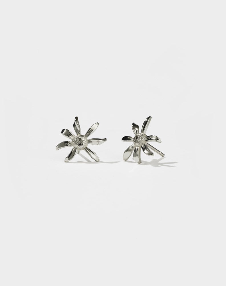 A pair of sterling silver daisy stud earrings with butterfly back closures