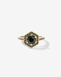  Meadowlark Jewellery’s iconic Hex Engagement Ring 0.5ct in 14ct Yellow Gold, claw set with 0.61ct round brilliant cut black diamond centre stone, surrounded by a hexagon halo of pave set black diamonds. One of our most beloved and modern Ceremonial designs, made to order in New Zealand. Pair with our bestseller, the Diamond Eternity Band.
