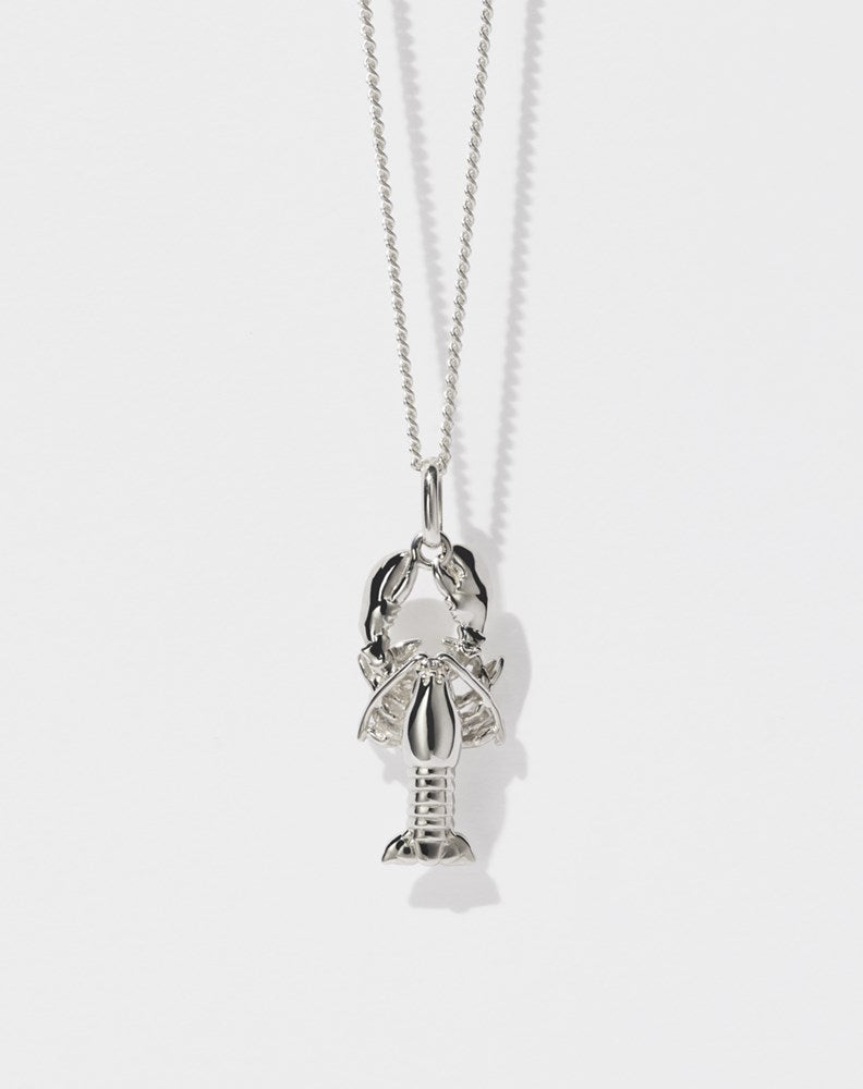 A sterling silver lobster charm necklace with a fine chain