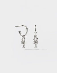 A pair of sterling silver hoop earrings with lobster charms attached