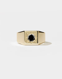 Square Signet Ring with round stone in star setting. 9ct yellow gold and black diamond