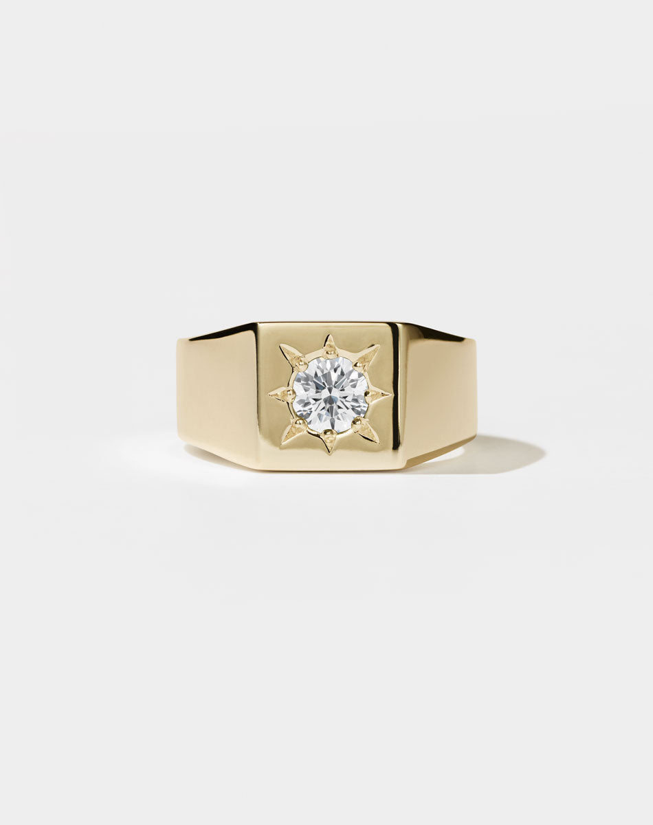 Square Signet Ring with round stone in star setting. 9ct yellow gold and diamond