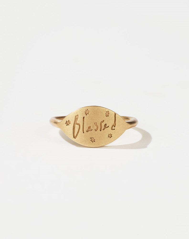 Meadowlark Jewellery’s Blessed Ring in 9ct Yellow Gold. A meaningful talisman for life’s journey, to serve as a daily reminder to honour the present and embrace gratitude for the quiet abundance all around us. Finished in a matte, brushed texture inspired by ancient heirlooms. From the Dreams collection. 