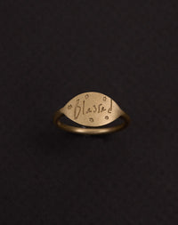 Meadowlark Jewellery’s Blessed Ring in 9ct Yellow Gold. A meaningful talisman for life’s journey, to serve as a daily reminder to honour the present and embrace gratitude for the quiet abundance all around us. Finished in a matte, brushed texture inspired by ancient heirlooms.  From the Dreams collection.