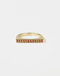 Meadowlark Jewellery’s architectural Geo Ring Flat in 9ct Yellow Gold, pave set with twelve round brilliant cut orange sapphires atop a 1.5mm. A striking piece designed to be worn with the Geo Arc & Geo Point rings, or alone for a refined and minimal look. From the Dreams collection.