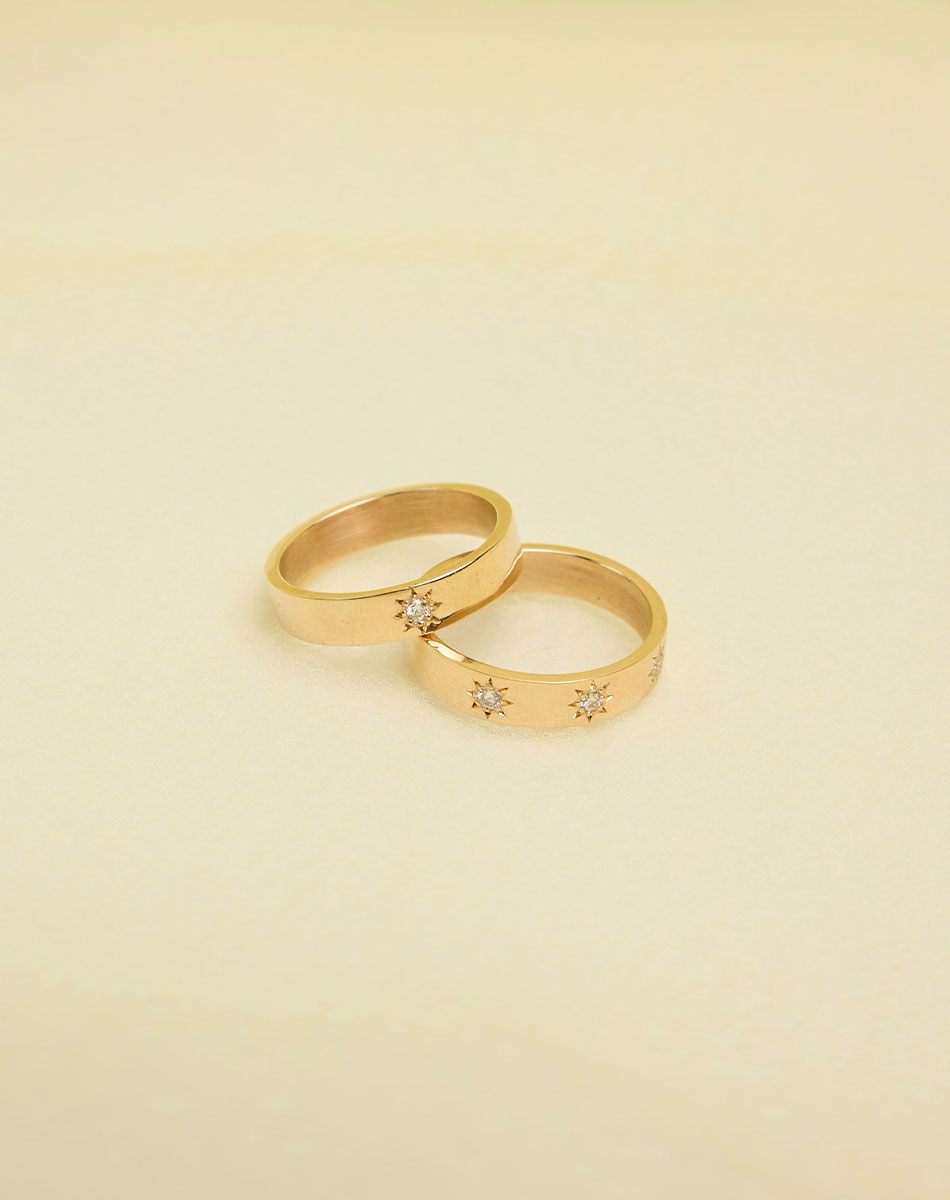 Lulu Star Band and Lulu 3 Star Band in 9ct Yellow Gold with star set round brilliant cut African Garnet/White Diamond. 4.5mm width wedding band.