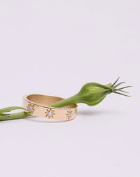 Lulu 3 Star Band in 9ct Yellow Gold with star set round brilliant cut White Diamond. 4.5mm width wedding band.