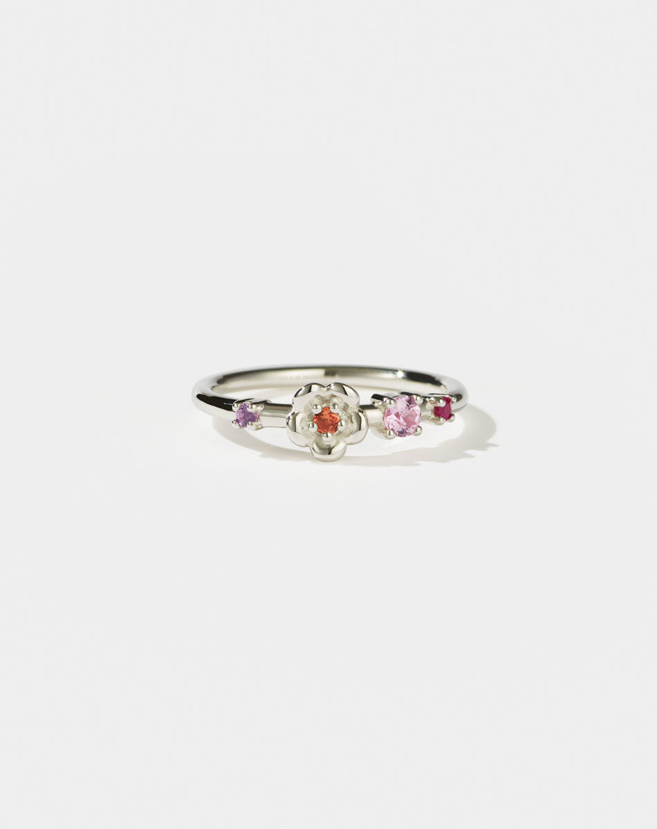 Meadowlark Jewellery’s floral Posie Band in Sterling Silver, set with round brilliant cut amethyst, ruby, pink sapphire and African garnet. Inspired by classic floral motifs and our beloved Alba designs, a timeless symbol of grace, growth and renewal. Celebrating life’s continual renewal. From the Dreams collection.