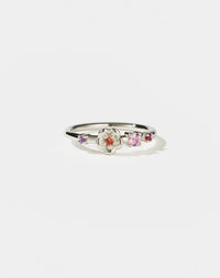 Meadowlark Jewellery’s floral Posie Band in Sterling Silver, set with round brilliant cut amethyst, ruby, pink sapphire and African garnet. Inspired by classic floral motifs and our beloved Alba designs, a timeless symbol of grace, growth and renewal. Celebrating life’s continual renewal. From the Dreams collection.