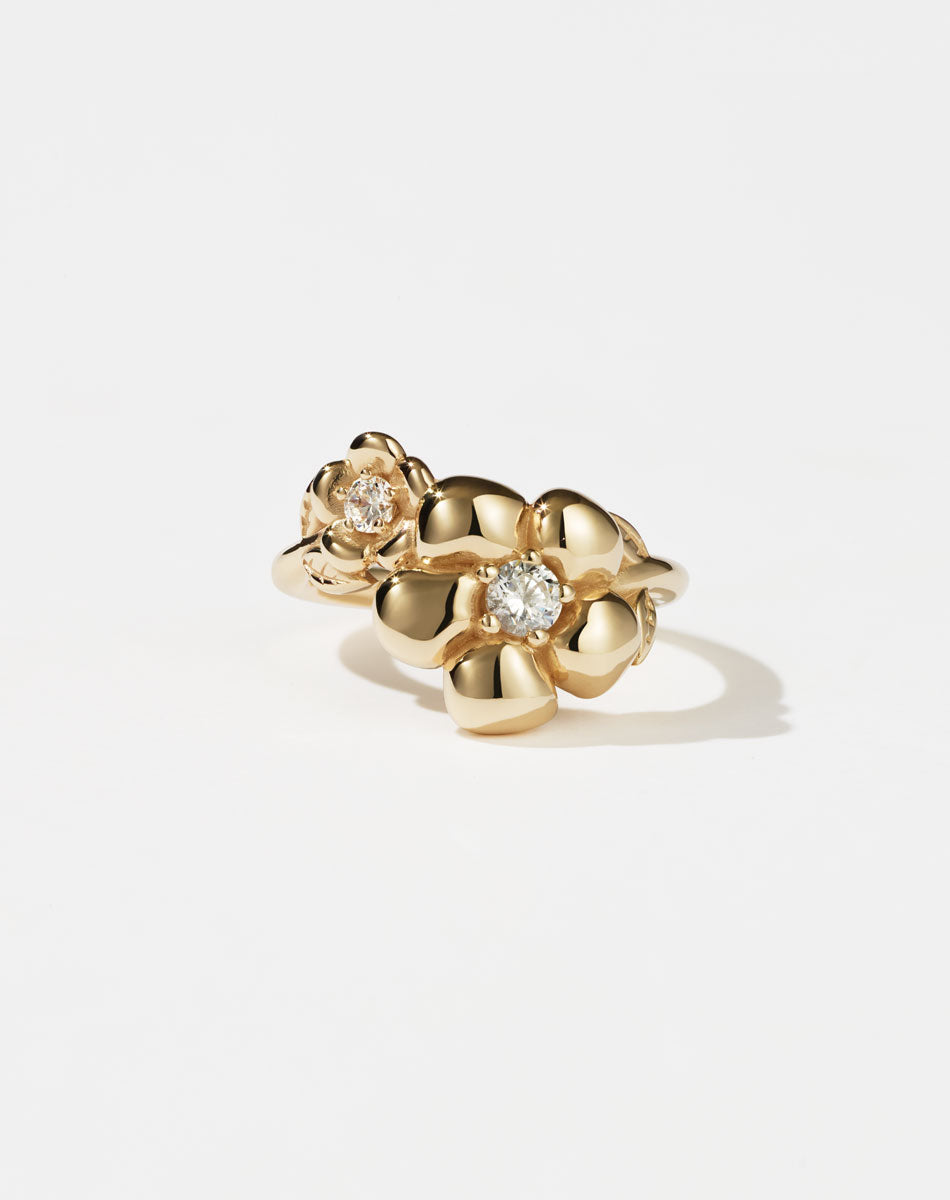 Meadowlark Jewellery’s floral Posie in 9ct Yellow Gold set with round brilliant cut white diamonds. Inspired by classic floral motifs and our beloved Alba designs, a timeless symbol of grace, growth and renewal. Celebrating life’s continual renewal. From the Dreams collection