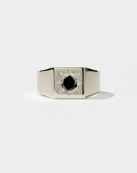 Square Signet Ring with round stone in star setting. 14ct white gold and black diamond