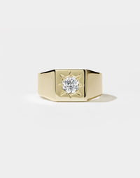 Square Signet Ring with round stone in star setting. 14ct yellow gold and diamond