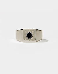Square Signet Ring with round stone in star setting. 18ct white gold and black diamond