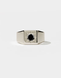 Square Signet Ring with round stone in star setting. 9ct white gold and black diamond