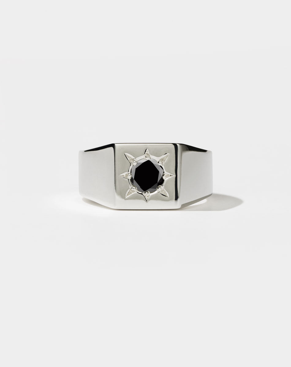 Square Signet Ring with round stone in star setting. Platinum and black diamond