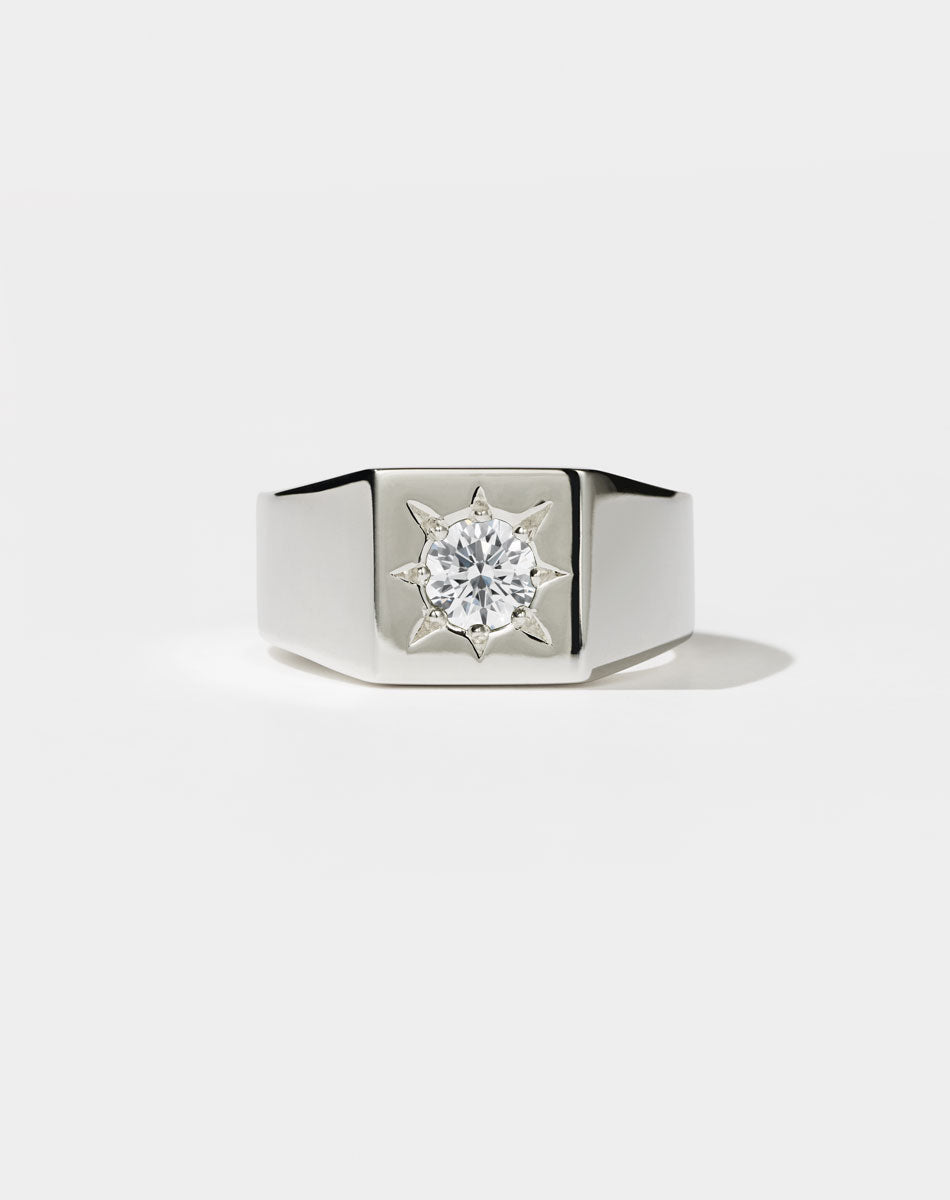Square Signet Ring with round stone in star setting. Platinum and diamond