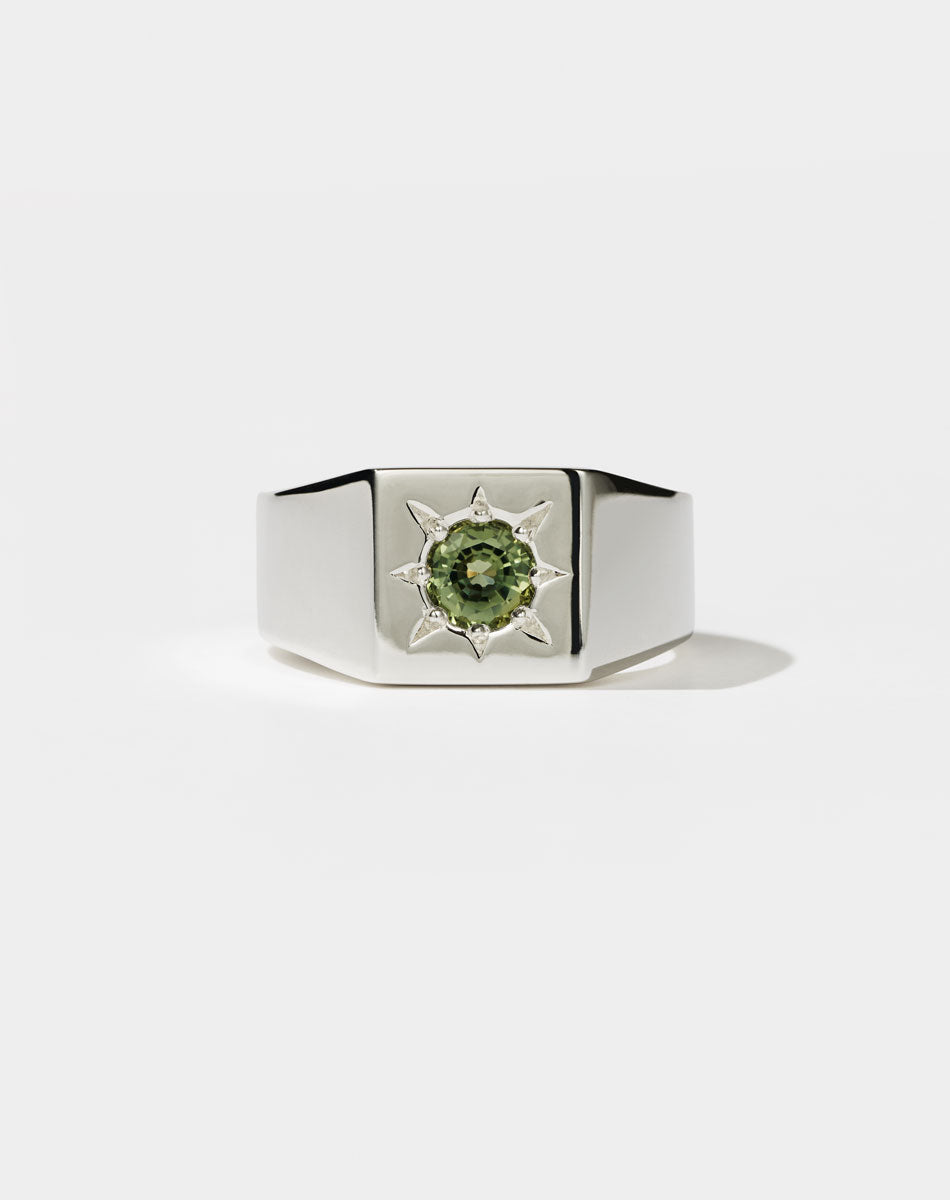 Square Signet Ring with round stone in star setting. Sterling silver and green sapphire