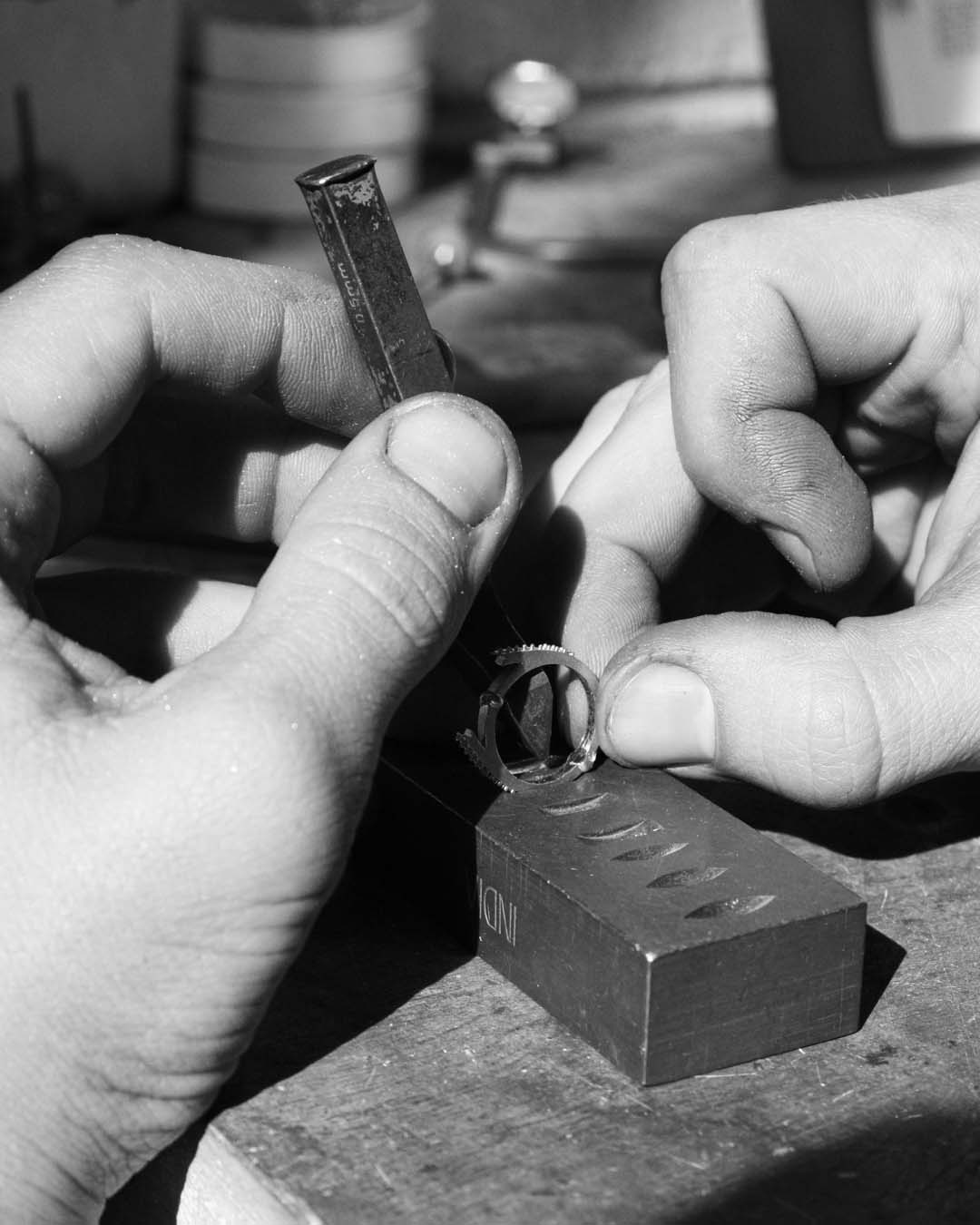 Stamping the logo & metal type. The interior of the band is ready to be stamped with the ‘MLK’ logo and ‘9ct’ stamp.