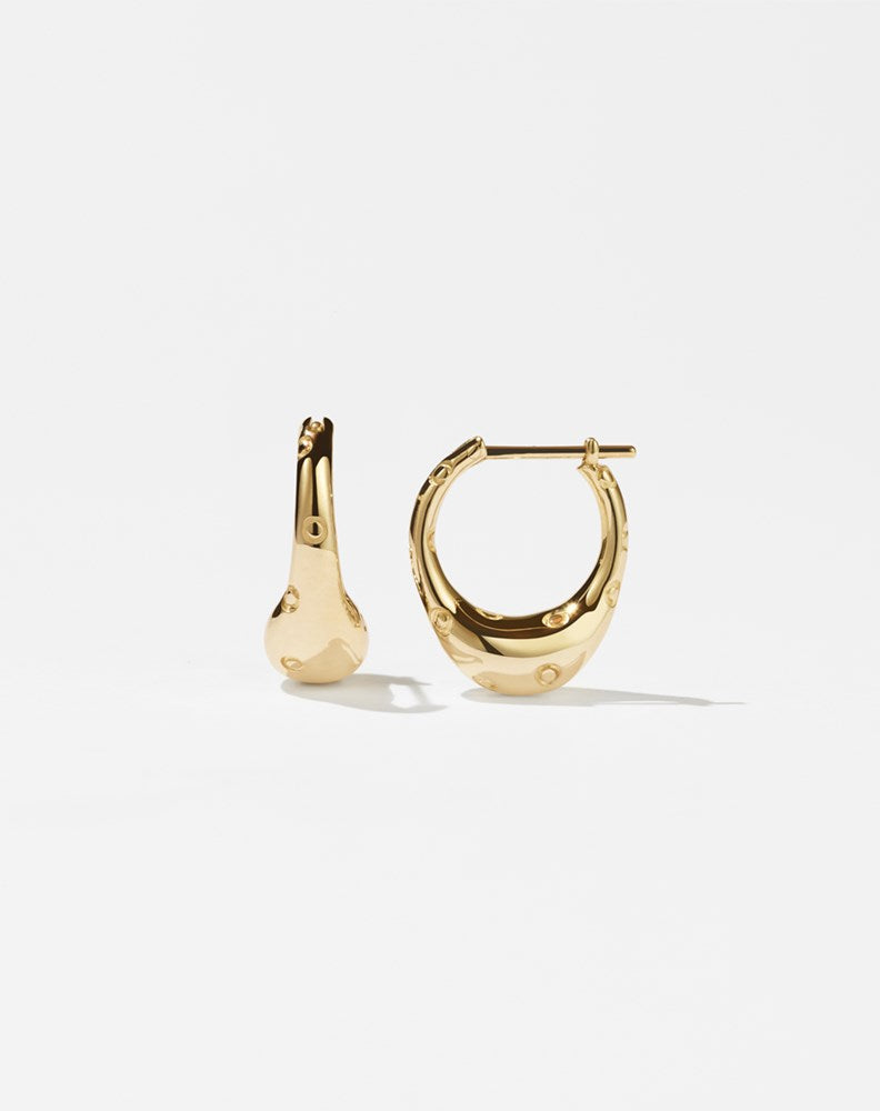 A pair of small gold-plated hoop earrings with a strawberry seed design, displayed against a white background.