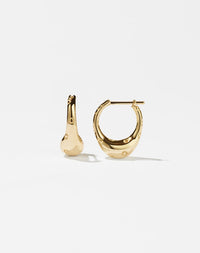 A pair of small gold-plated hoop earrings with a strawberry seed design, displayed against a white background.