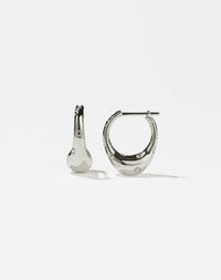 A pair of sterling silver hoop earrings with a small abstract strawberry design, featuring circles along the hoop to represent strawberry seeds.