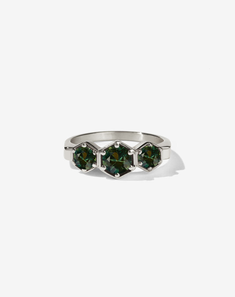 Meadowlark Jewellery’s classic 3 Hexagon Stone Engagement Ring in 9ct White Gold, claw set with round brilliant cut green sapphires. Fully traceable and ethically sourced blue and green sapphires from Queensland, Australia. A bold and beloved 3 stone ring, this Ceremonial design is made to order in New Zealand. 