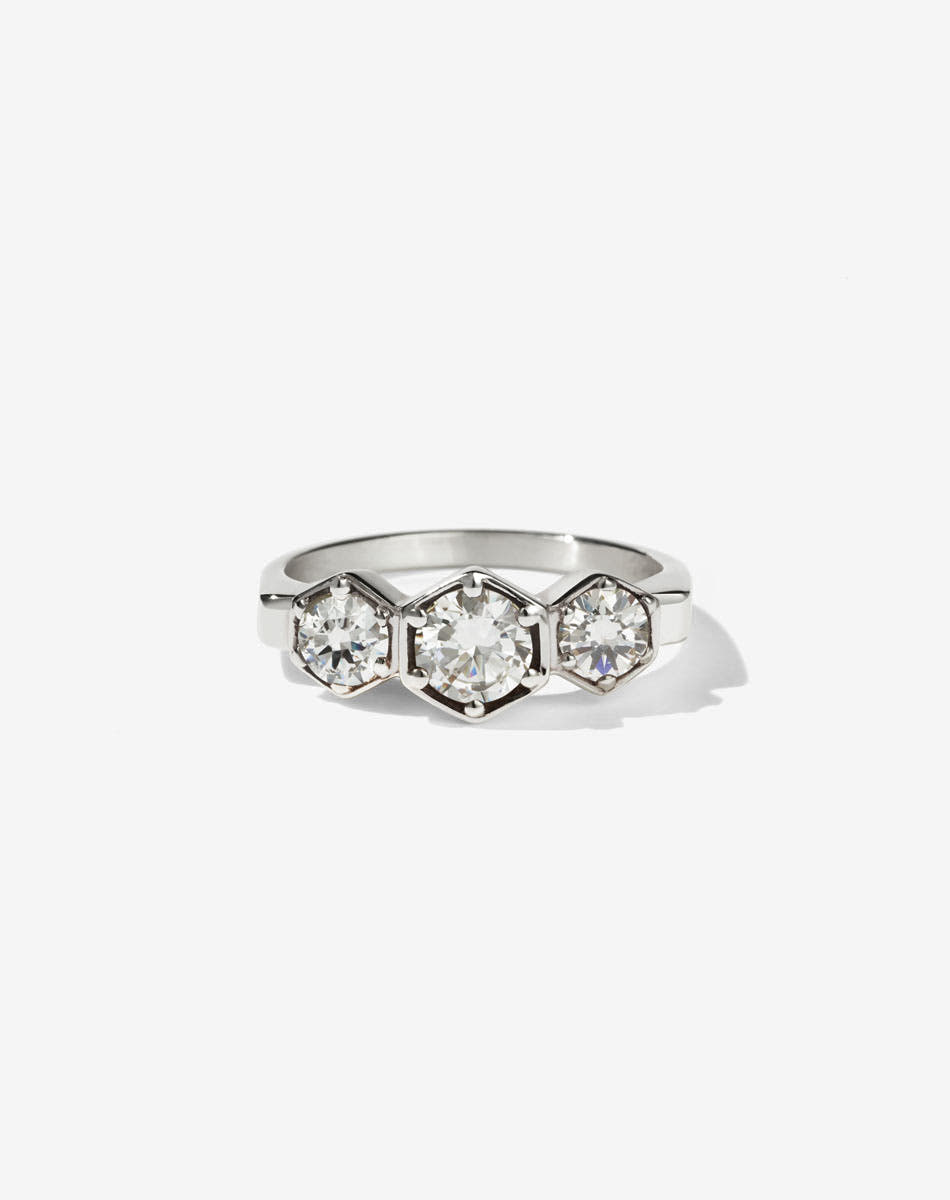 Meadowlark Jewellery’s classic 3 Hexagon Stone Engagement Ring in Sterling Silver, claw set with 0.95ct round brilliant cut white diamonds. A bold and beloved 3 stone ring, this Ceremonial design is made to order in New Zealand.