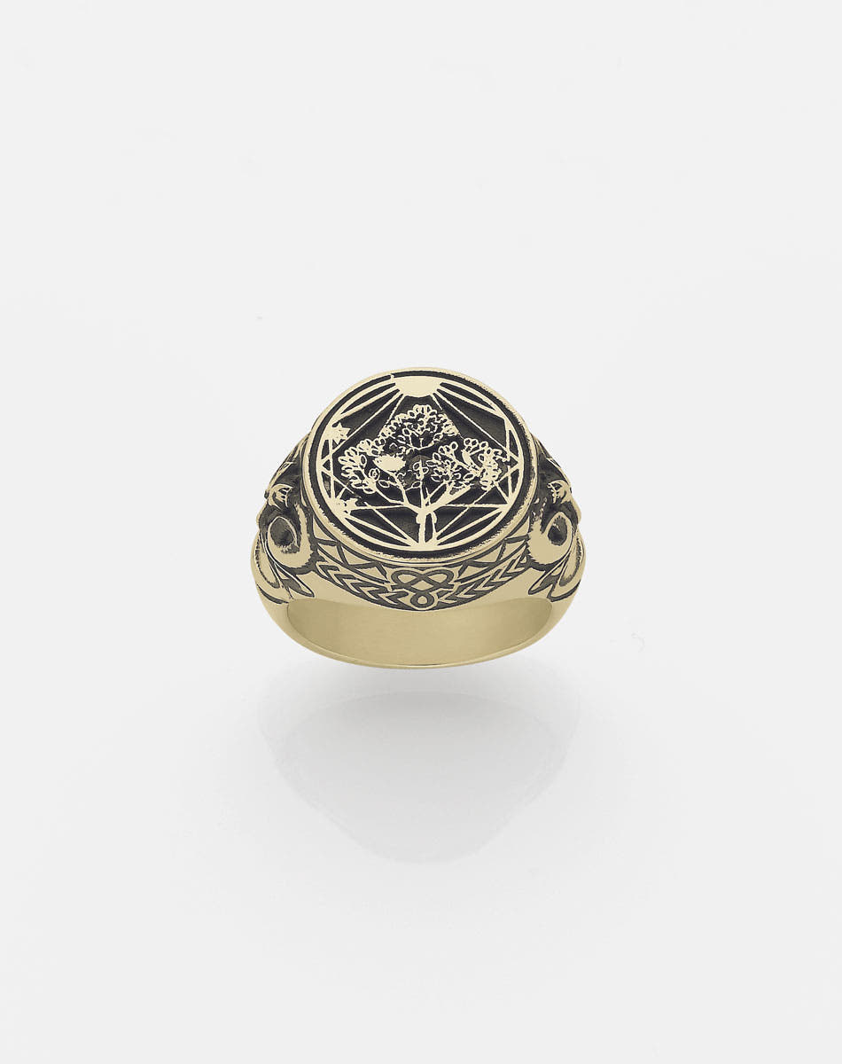 A heavy weighted 9ct solid gold ring with a collage of artworks, designed in collaboration with NZ artist Andrew McLeod.