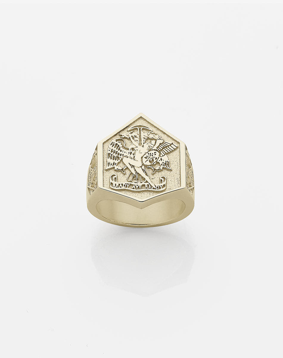 A 9ct solid gold ring with an embossed design in collaboration with Andrew Mcleod.