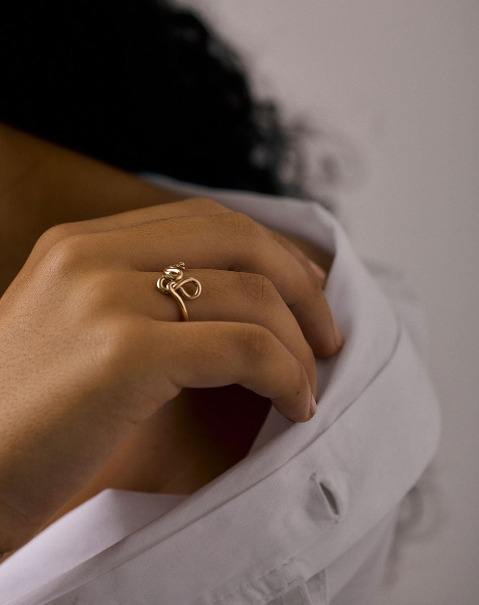 A serpent ring with a coiled snake design wrapping around the finger on a hand
