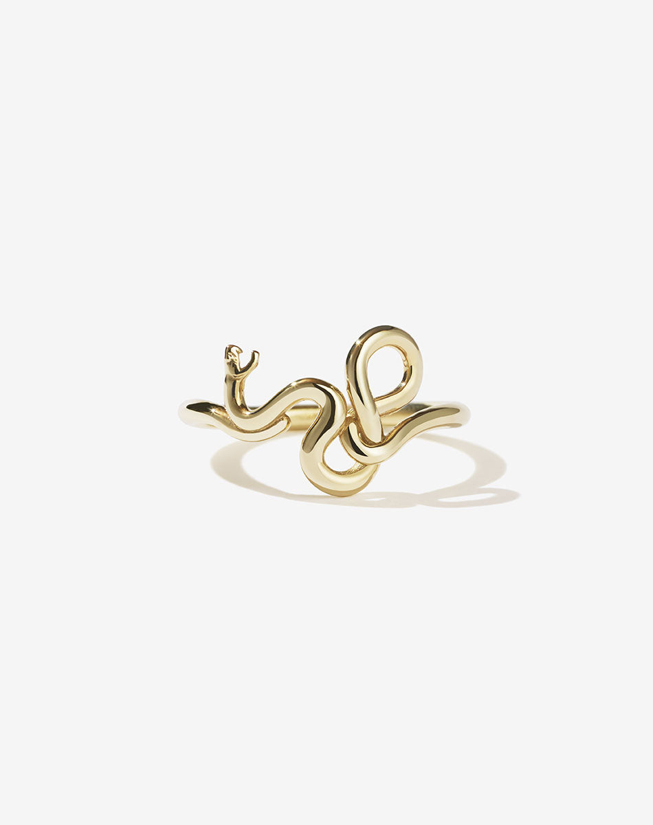 A gold ring with a coiled snake design wrapping around the finger.