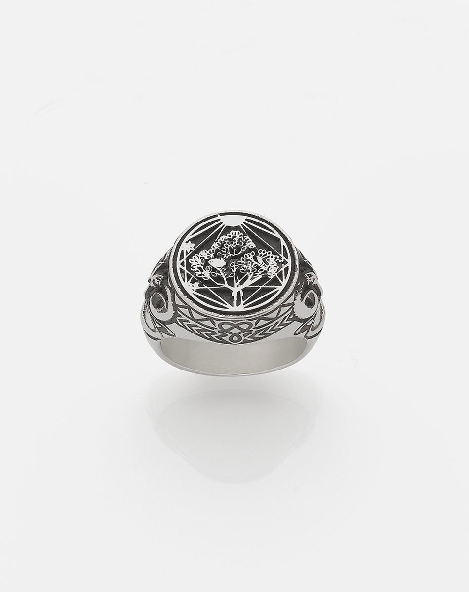 A sterling silver ring featuring a heavy weighted design with a collage of artworks.