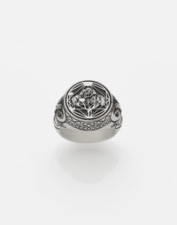 A sterling silver ring featuring a heavy weighted design with a collage of artworks.