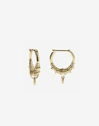A pair of small hoop earrings made in gold, with a series of rings suspended on a hoop, with small charm. 