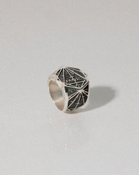 A heavy weighted sterling silver ring with geometric artwork and the word Panic. Designed in collaboration with NZ artist Andrew McLeod.