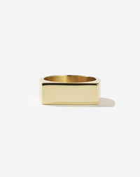 A rectangular signet ring in 9ct yellow gold, viewed from the front 